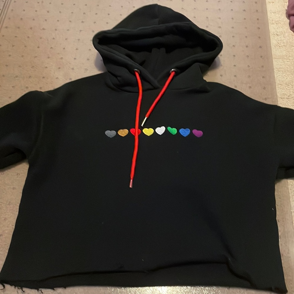Scott Ellis Cropped Black Hoodie with rainbow hearts